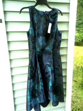 White House Black Market Cocktail Dress, Brocade of Blues, Asymmetrical Hem sz8